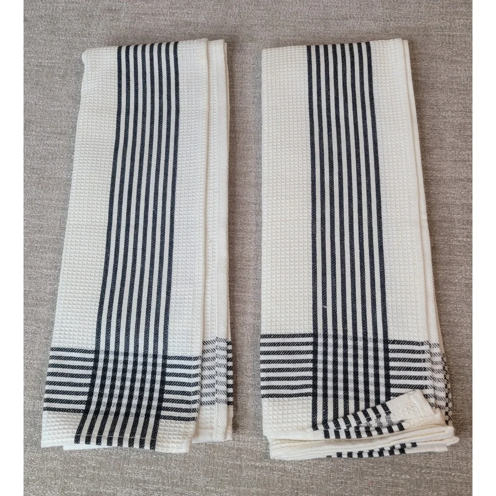 Crate & Barrel Waffle Dishtowel Black & White Stripes 100% Cotton Set of 2 - NEW